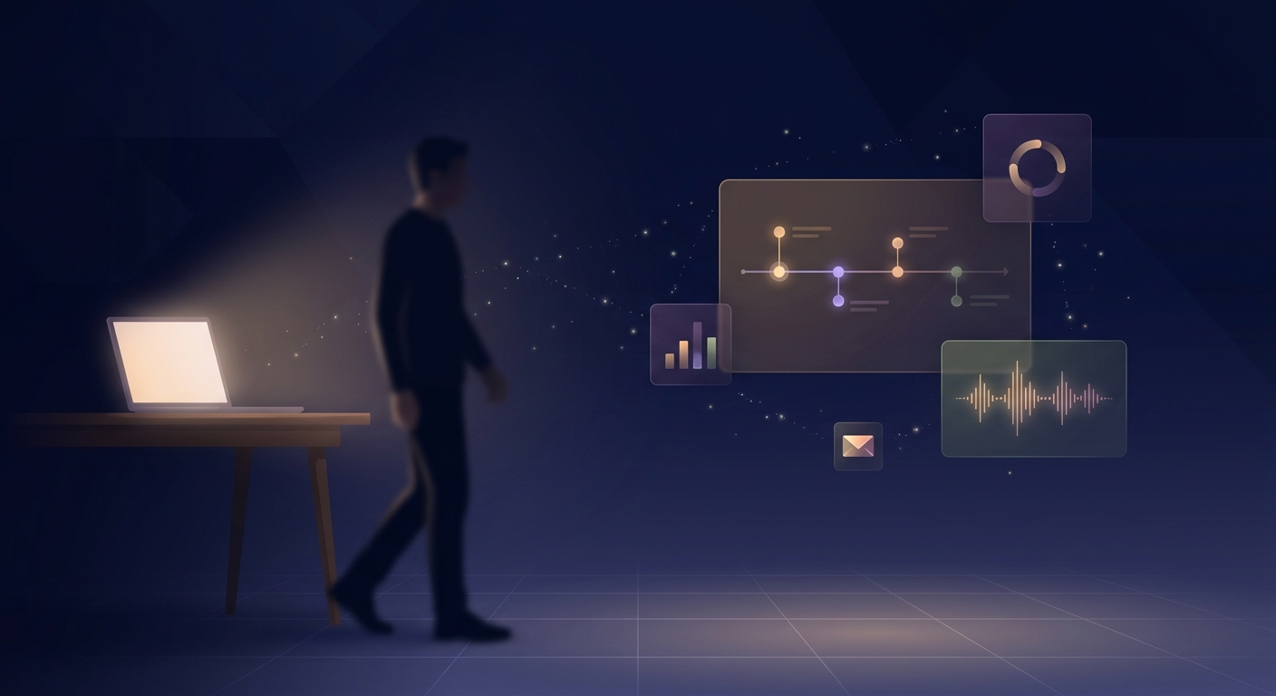 A quiet workstation with holographic panels showing activity continuing in the background - the work doesn't stop when you step away.